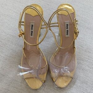 Miu Miu Gold Metallic Bow Ankle-Strap Heels size 8